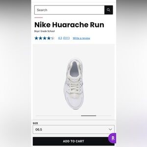 Nike Huarache Run  NWOB WHITE 6.5 y or 8 in women’s